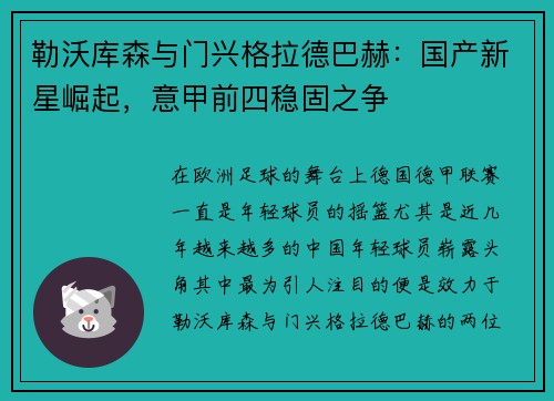 勒沃库森与门兴格拉德巴赫：国产新星崛起，意甲前四稳固之争