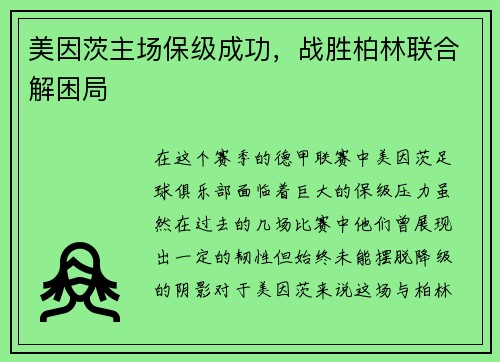 美因茨主场保级成功，战胜柏林联合解困局